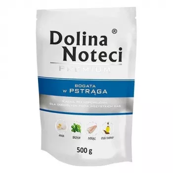 Comida húmeda dolina noteci Premium rico en trucha 500 g — alimento completo para perros adultos, 79% humedad, 11% proteína, 5% grasa