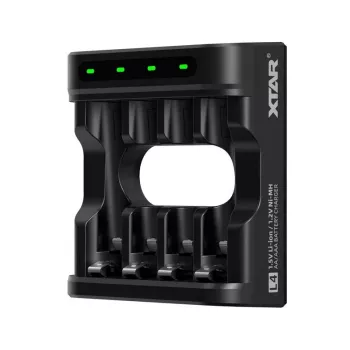 Cargador de baterías XTAR 4 ranuras para AA/AAA (Li-Ion, NiMH) USB-C, indicadores LED, negro