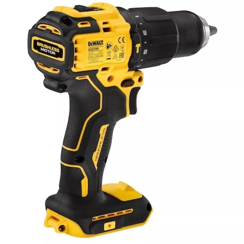 DeWALT DCD709N-XJ 18V XR taladro atornillador percutor inalámbrico sin escobillas, 1650 rpm, 65 Nm, 340 W, portabrocas sin llave 13 mm, 1,2 kg, sin batería ni cargador, negro/amarillo