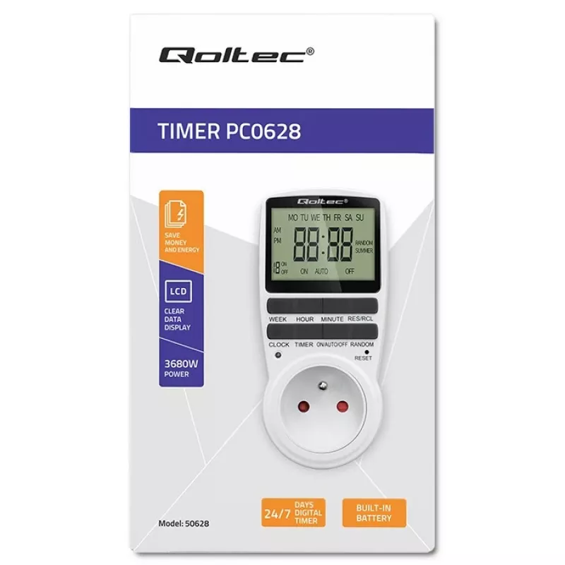Temporizador electrónico QOLTEC PC0628 con pantalla LCD, cuenta atrás de 24 horas