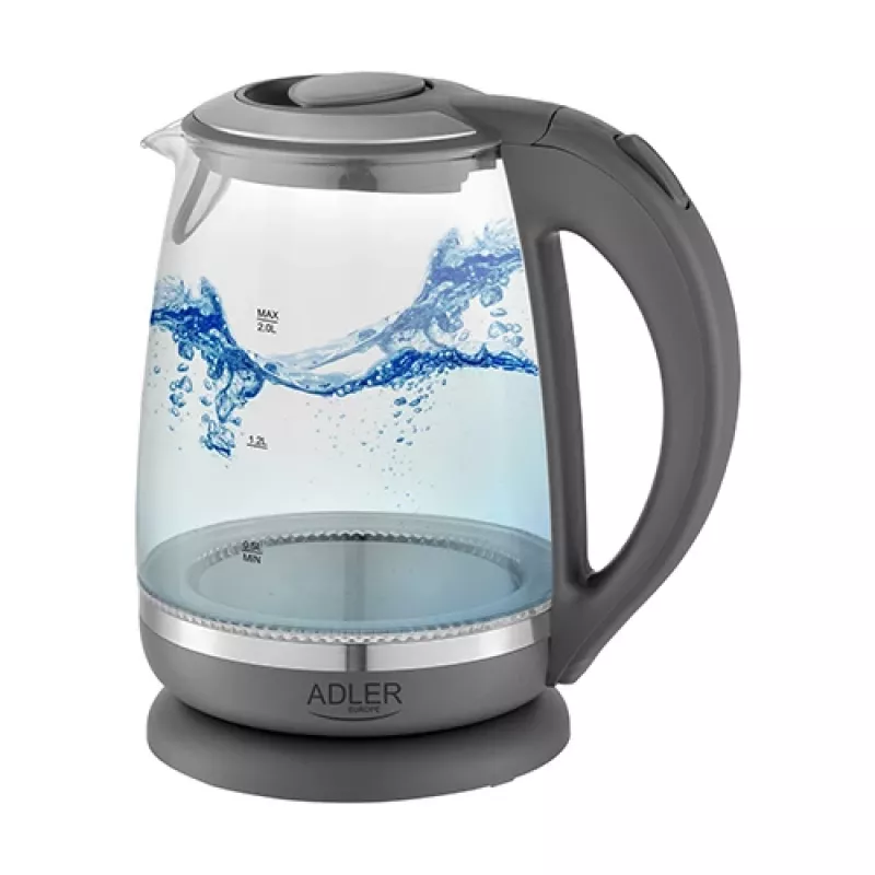 Adler | Hervidor | AD 1286 | Estándar | 2200 W | 2 L | Plástico/Cristal | Base giratoria 360° | Gris/Transparente