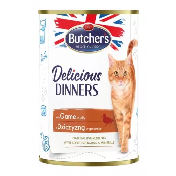 Comida húmeda para gatos butcher's Delicious Dinners 400 g — adulto, sabor caza, 82 % humedad, 8,5 % proteína, 5,5 % grasa