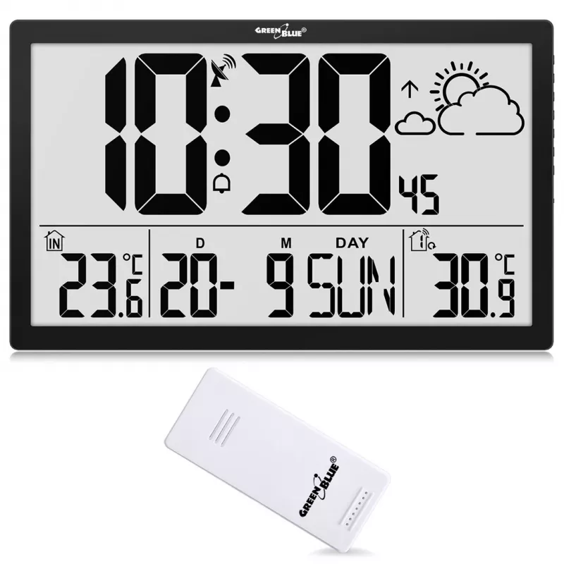 Reloj de pared GreenBlue GB218 — LCD extragrande, estación meteorológica, temperaturas interior/exterior, indicación de fecha