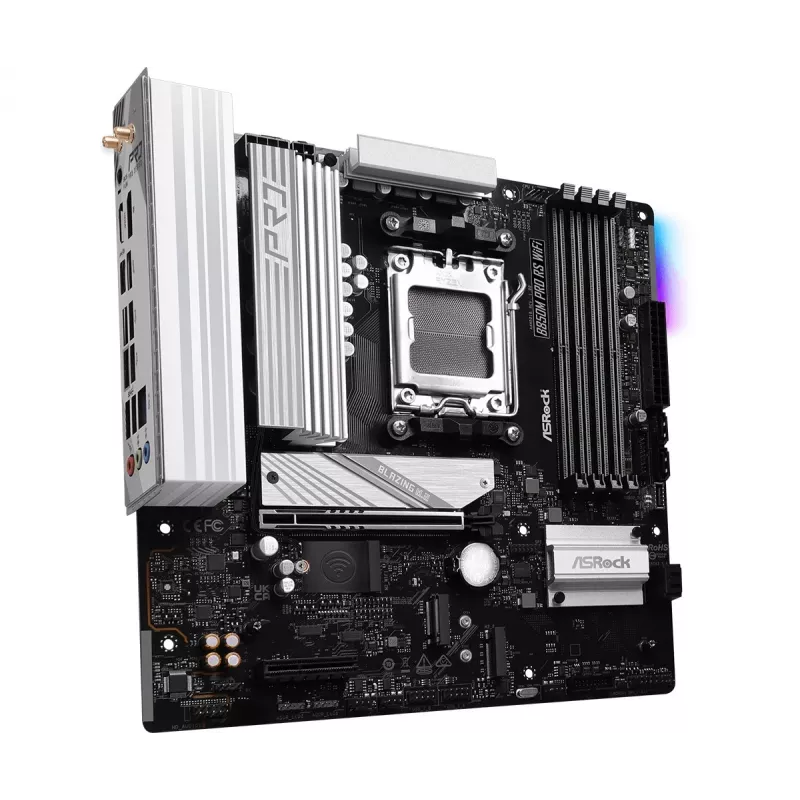 Placa base ASRock B850M Pro RS WiFi — AMD B850, socket AM5, microATX, DDR5, 4 DIMM, 256GB, Wi-Fi 6E, 2.5Gb LAN, 3x M.2