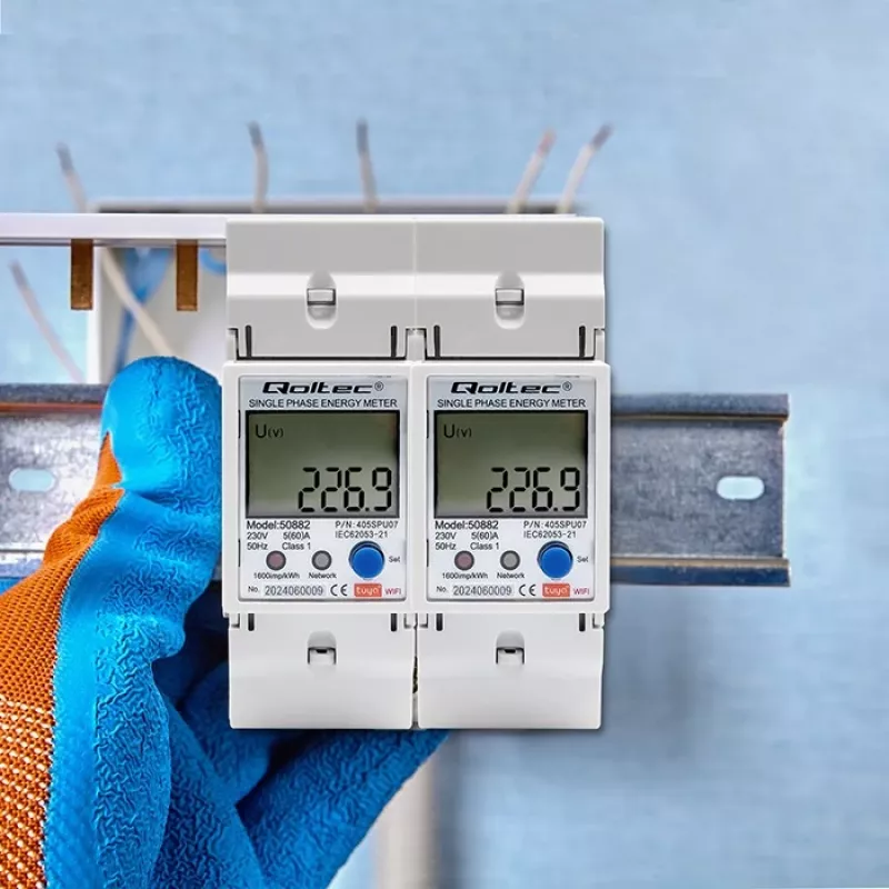 Qoltec 50882 Contador electrónico monofásico de consumo de energía para carril DIN | Wi-Fi | TUYA | 230V | LCD