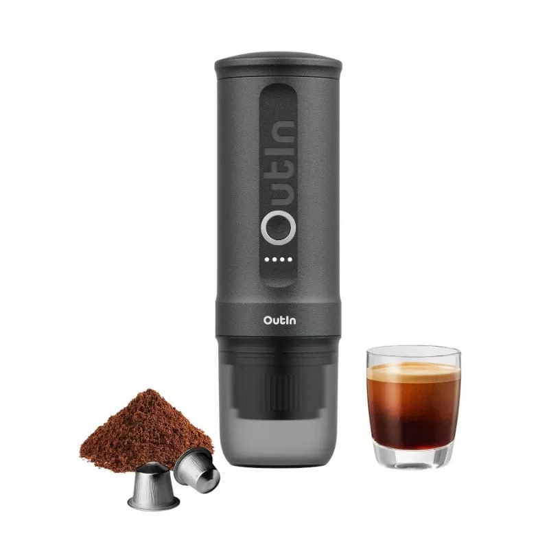 Cafetera OUTIN Outin Nano gris — entrada de café molido, 20 bar, batería 7500 mAh, 670 g