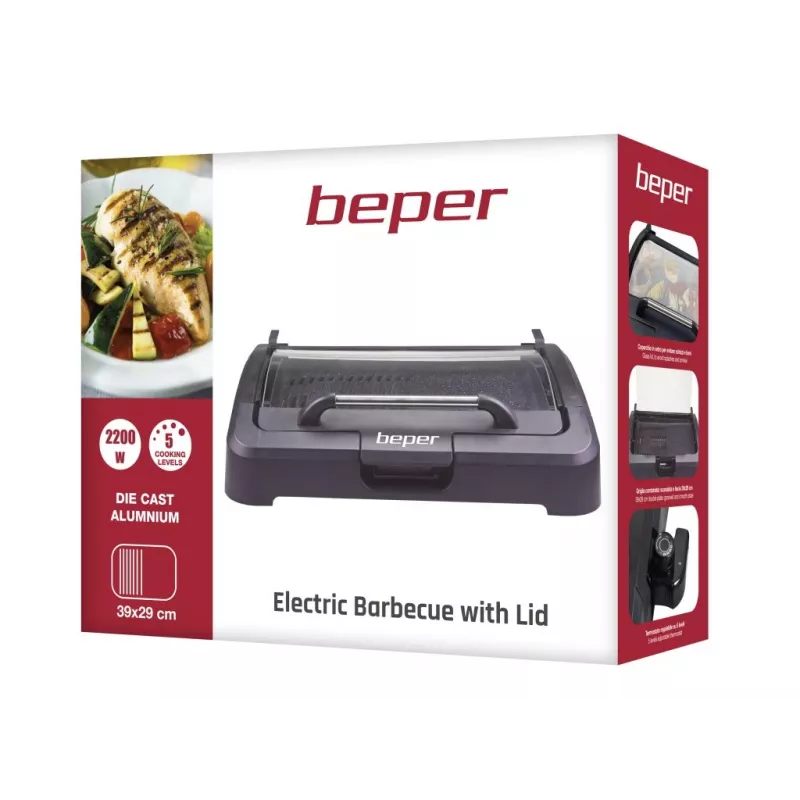 Beper 90.871 barbacoa eléctrica, placa antiadherente de 39 x 29 cm, tapa de cristal, 2200 W, negra