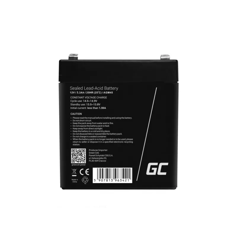 Green Cell AGM45 Batería para SAI, plomo-ácido sellado (VRLA), 12 V, 5,3 Ah