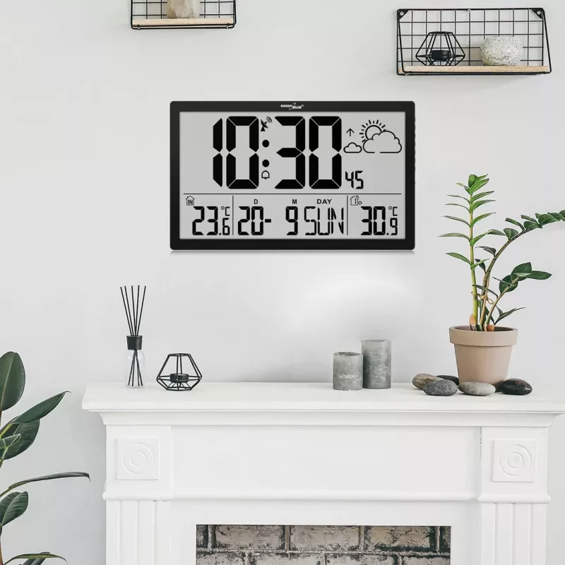 Reloj de pared GreenBlue GB218 — LCD extragrande, estación meteorológica, temperaturas interior/exterior, indicación de fecha