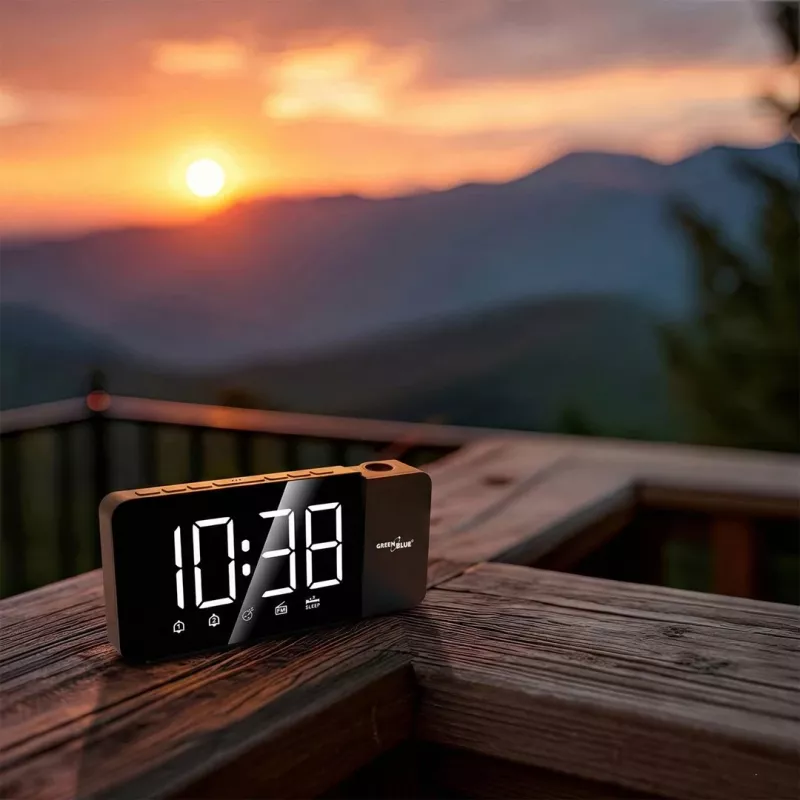 Radio-reloj digital LED GreenBlue GB172 con sintonizador FM, proyector, termómetro, alimentación USB 5V y CR2032