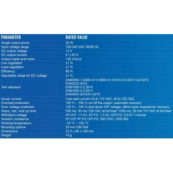 Fuente de alimentación TELTONIKA PR3PDNP0, interior 20 W, entrada 100–240 V, 50–60 Hz, compacta 22,5×90×100 mm, azul/blanco