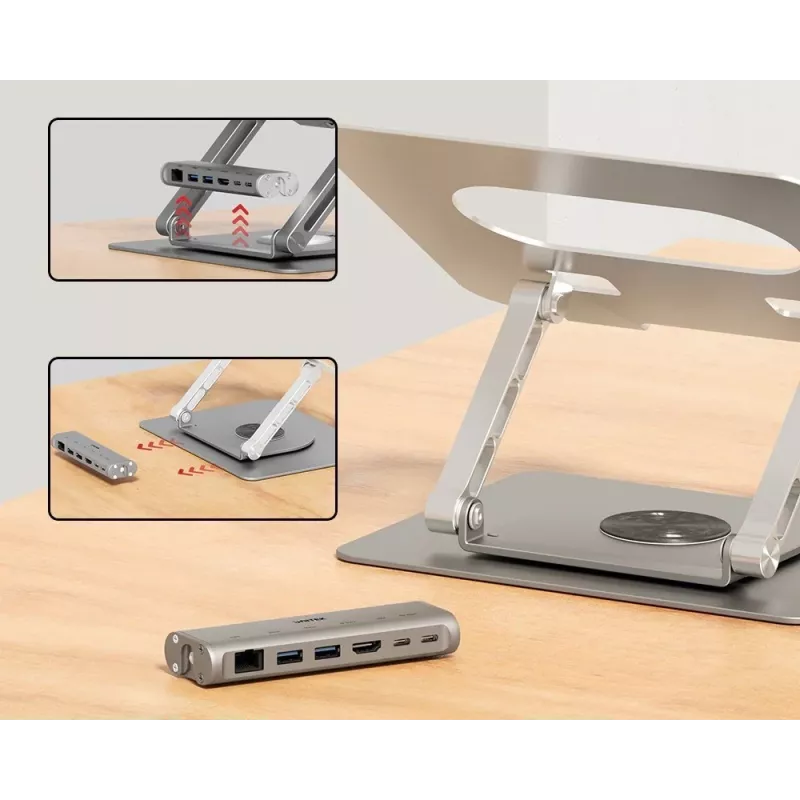 Soporte para portátil Unitek D1109B01 — soporte ajustable de aluminio con USB-C HDMI 4K PD 100W extraíble, 2x USB-A, RJ-45, para hasta 17
