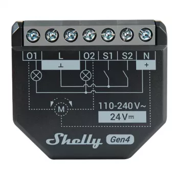 Shelly 2PM Gen4 actuador de persianas/toldos 2 canales, AC 110–240V, Wi‑Fi 2,4 GHz, 1,4 W, 8000 KB Flash