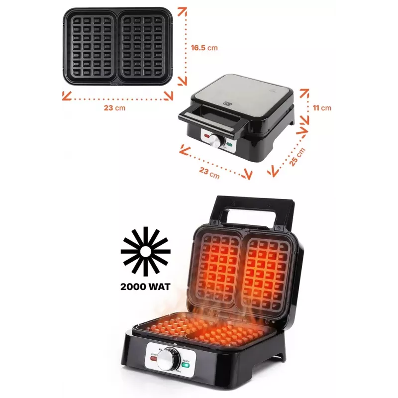 Gofrera PROMIS WAP1600 – 2 placas rectangulares, 1200 W, antiadherente, termostato, asa fría, indicadores LED