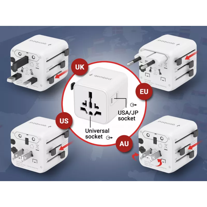 Adaptador de viaje universal GEMBIRD TPA-INT-01-W — entrada 100–250 V, conector Type-G, dimensiones compactas 84×56×85 mm