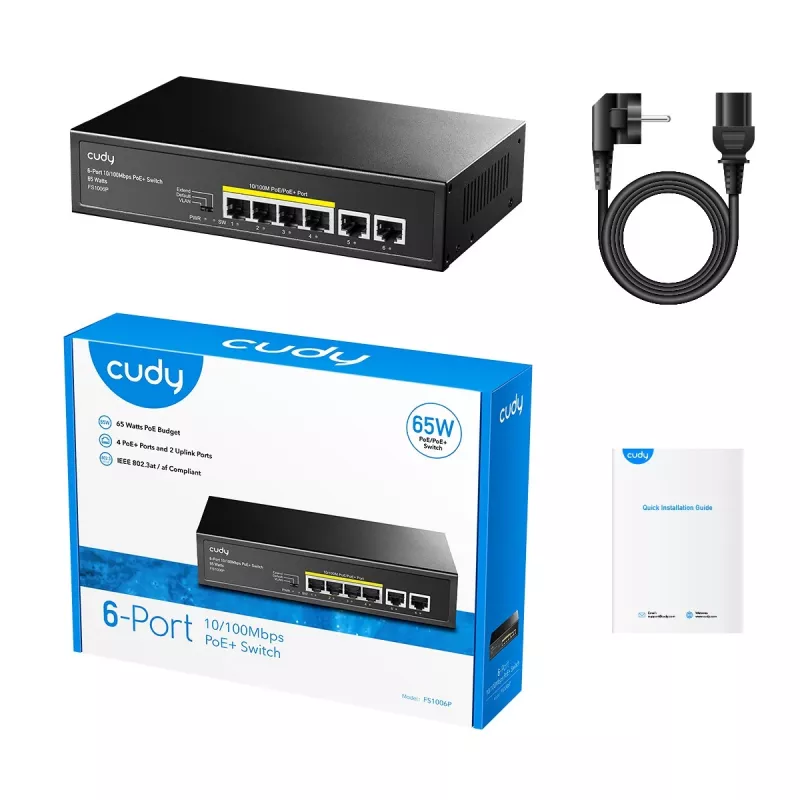 Switch de red Cudy FS1006P Fast Ethernet 6 puertos (4 PoE, 1 PoE+) 10/100 Mbit/s, 1,2 Gbit/s de ancho de banda, carcasa metálica, montaje en rack/pared