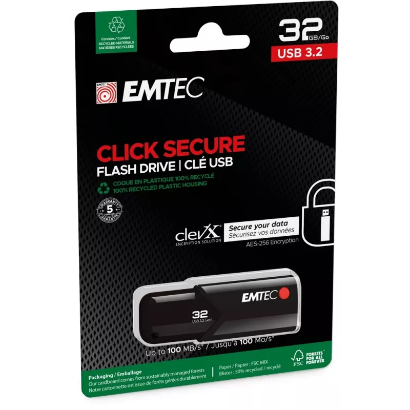 Memoria USB EMTEC B120 Click Secure 32 GB USB Type-A 3.2 Gen 2 (3.1 Gen 2) negra