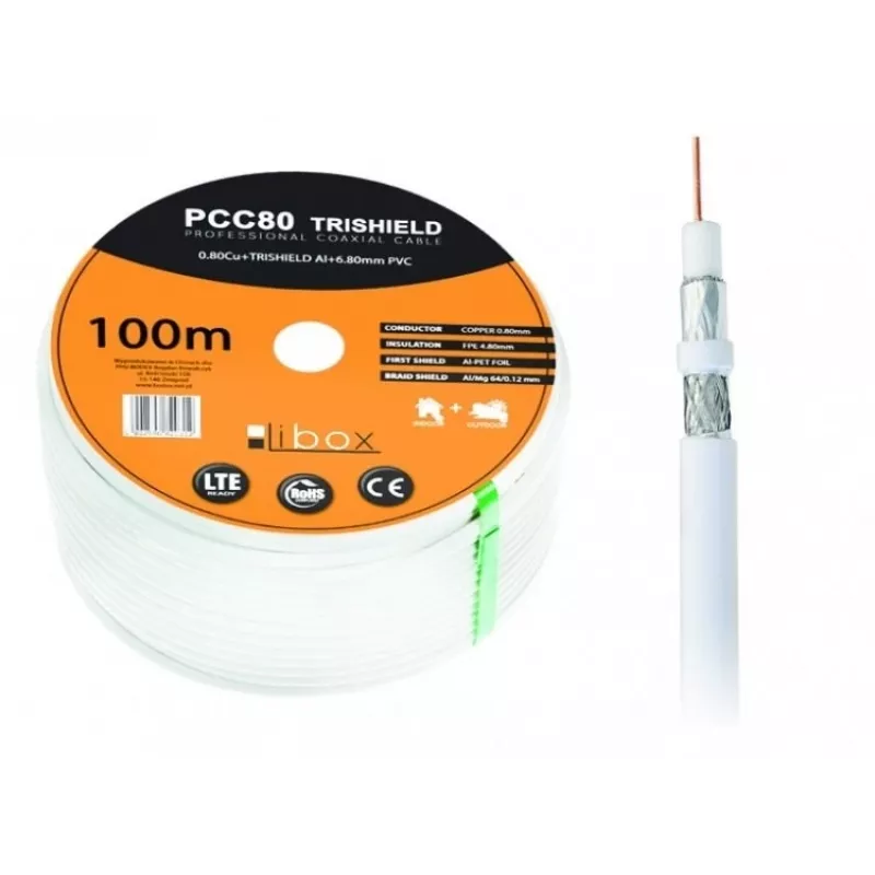 Cable coaxial LIBOX PCC80 RG-6/U 100 m, funda FEP, conductor de cobre de 0,8 mm, apantallamiento de aluminio, blanco