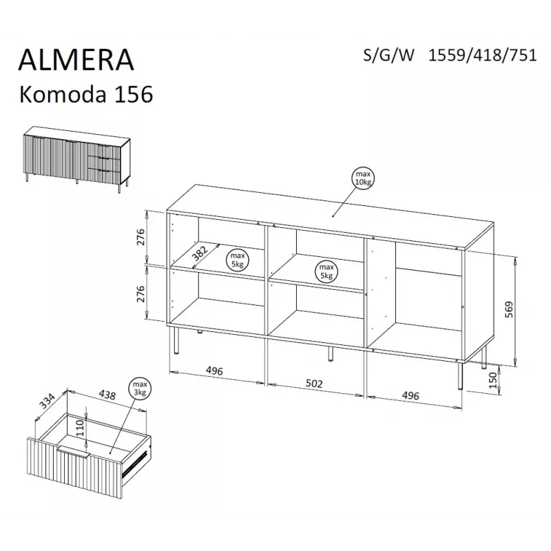 Cómoda cama meble ALMERA 156×42×75 cm, nogal/cashmere, 3 cajones, aglomerado