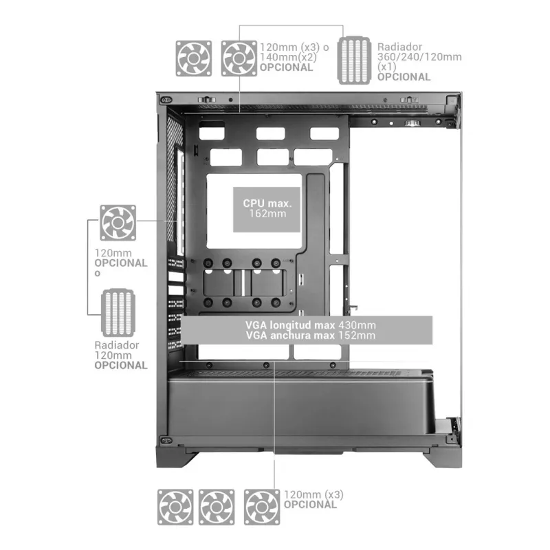 Caja de PC semitorre TACENS Mars Gaming MCPRISMA, negra, cristal templado, compatible con ATX/Micro-ATX/Mini-ITX, 2x bahías de 3,5