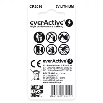 Pila de botón de litio everActive CR2016 — 3 V, 20 mm de diámetro, 1,6 mm de altura, pack de 2