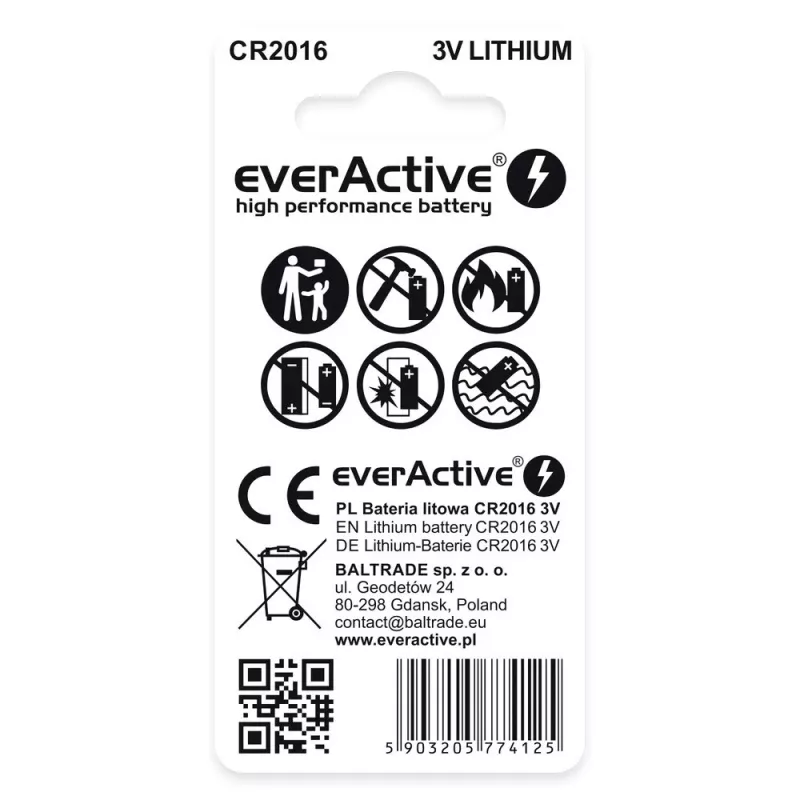 Pila de botón de litio everActive CR2016 — 3 V, 20 mm de diámetro, 1,6 mm de altura, pack de 2
