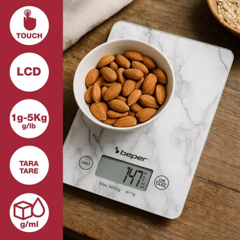 Báscula de cocina Beper P102BIL004 - digital, 5 kg, 1 g, mármol blanco