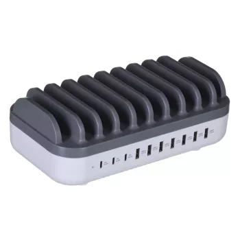 Manhattan estación de carga, 10 puertos: 3x USB-C (hasta 18W PD) y 7x USB-A (hasta 12W), 120W de salida total, blanco/gris, garantía de tres años