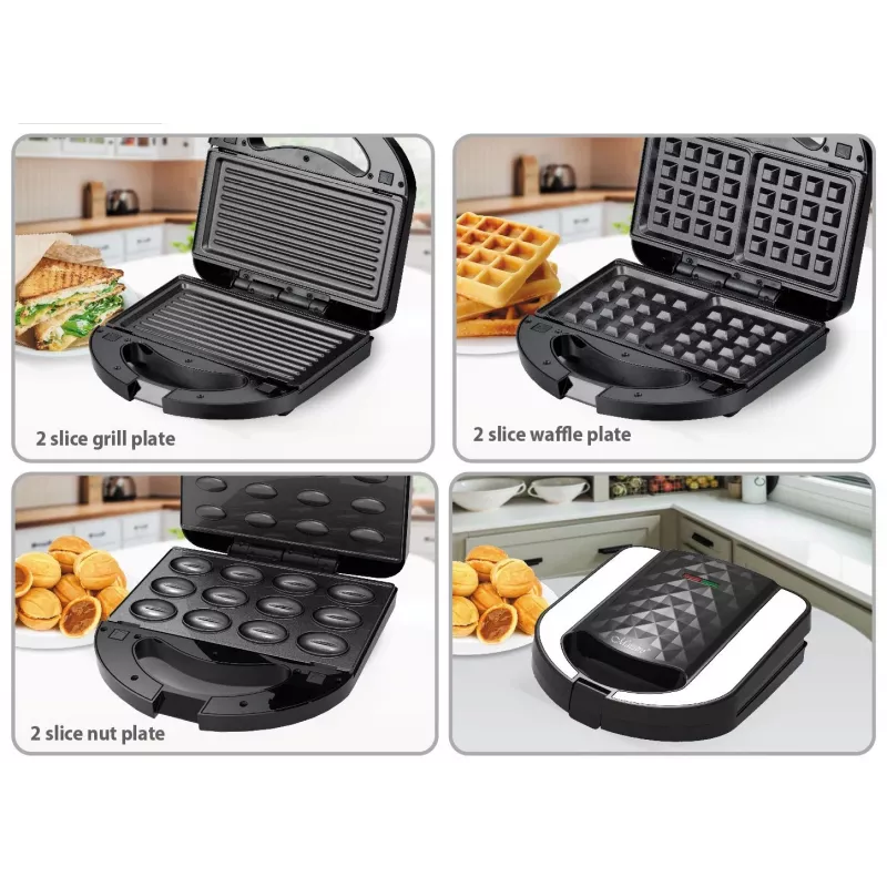 Tostadora sandwichera Maestro MR-709 3en1 750W — prensa para sándwiches, placas de parrilla y gofres, blanca
