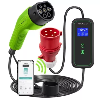 Cargador de coche EV móvil Qoltec ajustable 2en1 Type2 | 7kW | 230V | CEE 3 PIN | Wi-Fi | LCD | portátil | wallbox | 5m