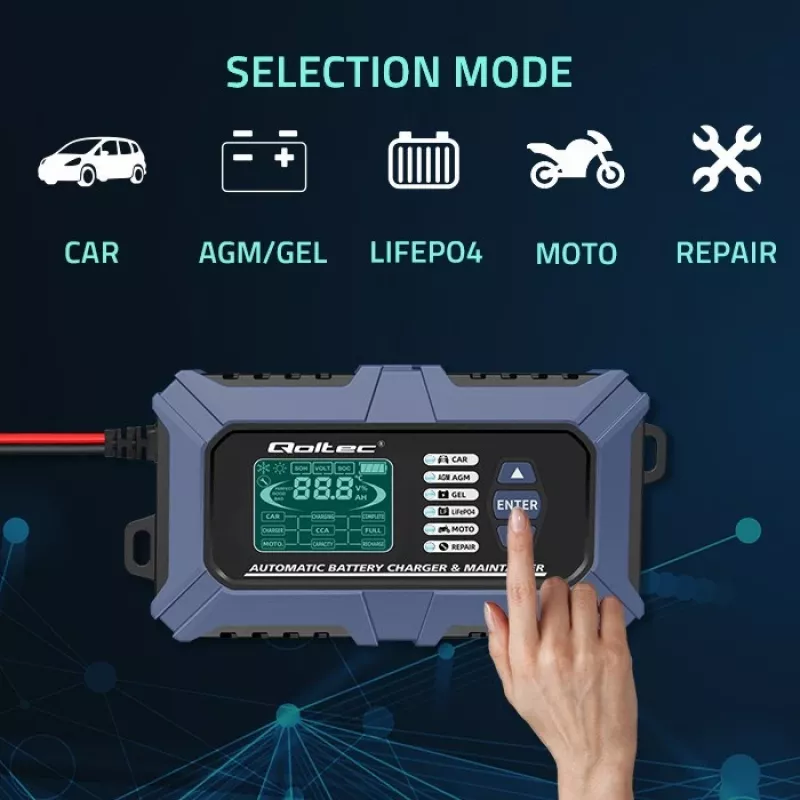 Cargador de batería inteligente con microprocesador Qoltec con probador de batería y función de reparación 12V | 6A | LCD | cargador de batería para batería AGM LiFePO4 GEL