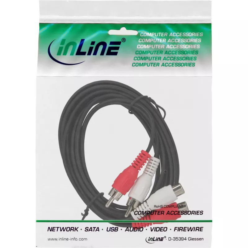 Cable de audio InLine 2x RCA conector macho / conector hembra 20m, 2 x RCA, conector macho, 2 x RCA, conector hembra, 20 m, negro