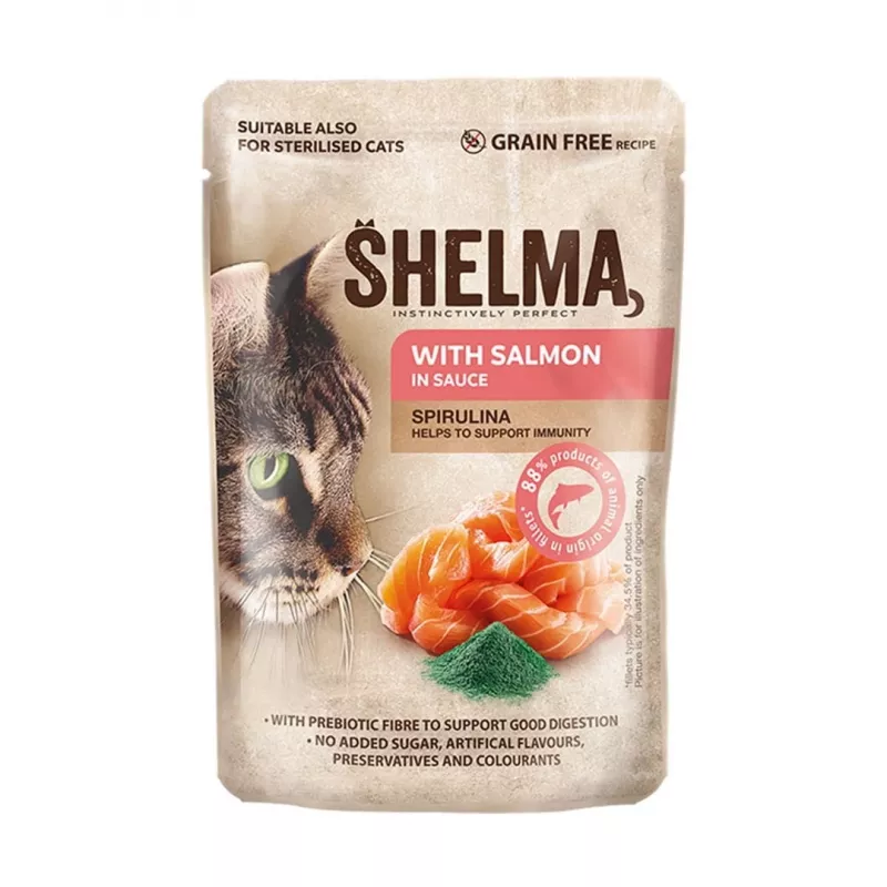 Comida húmeda para gatos SHELMA sobre 4×85 g — alimento completo para gatos adultos con salmón, bacalao, ternera y pollo