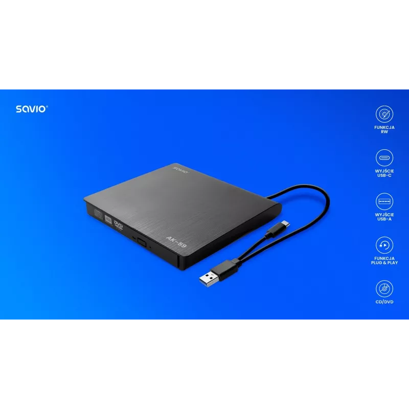 Grabadora externa de CD/DVD delgada SAVIO AK-59 R/RW - USB-C/USB-A, negra