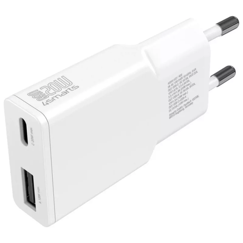 Cargador de dispositivo móvil de interior AC 4smarts 541509 — 100–240V, USB-A + USB-C, cable de 1,5 m, carga rápida, blanco
