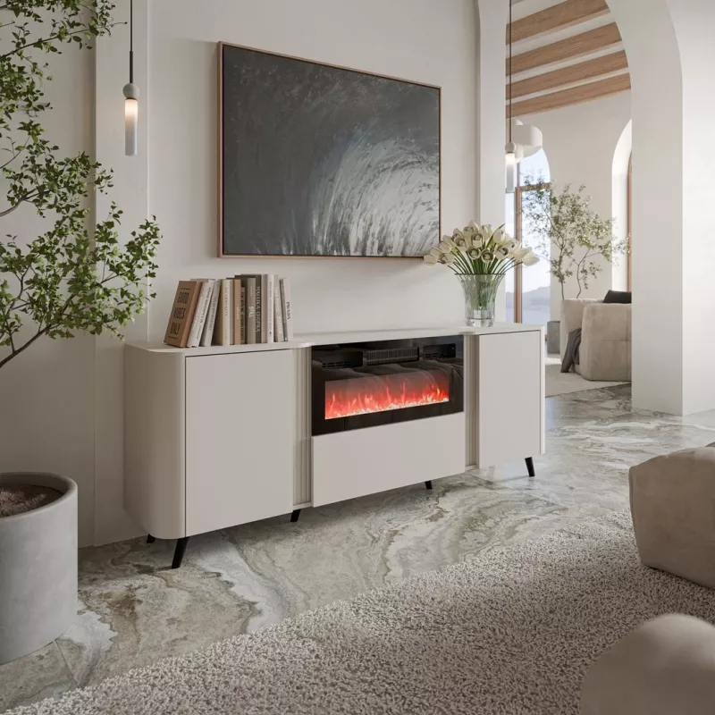 Cómoda Cama Meble Volare 200 x 39 x 75 cm, acabado cashmere, cuerpo de aglomerado, chimenea integrada