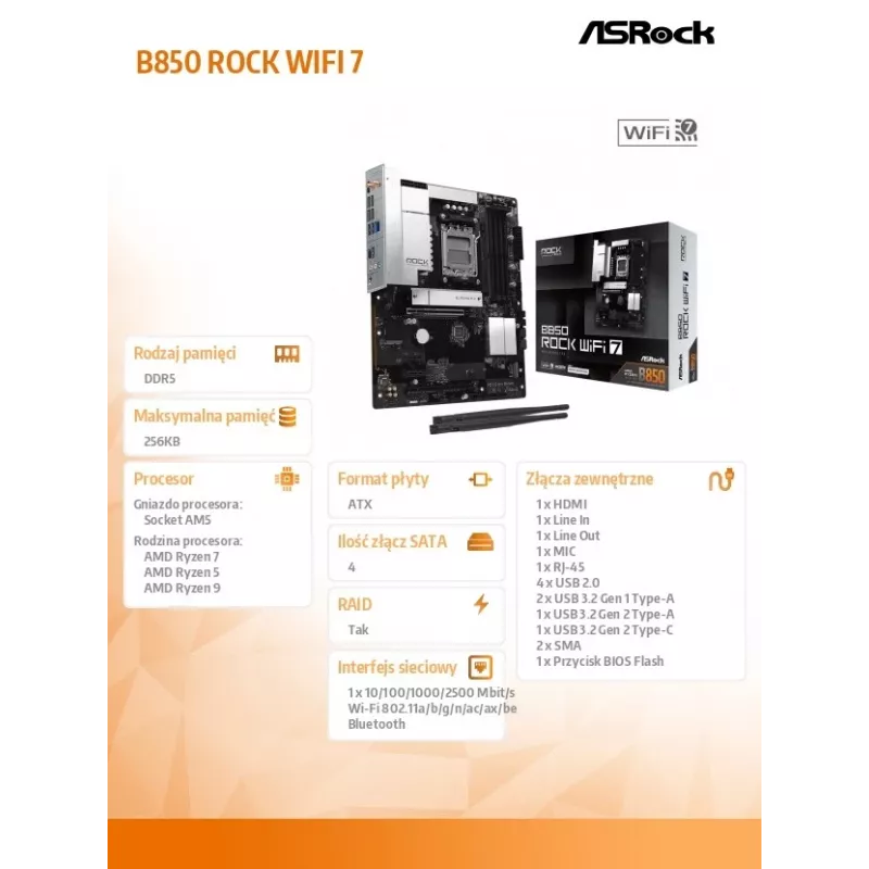 Placa base ASRock B850 Rock WiFi 7, socket AMD AM5, ATX, DDR5, Wi-Fi 7