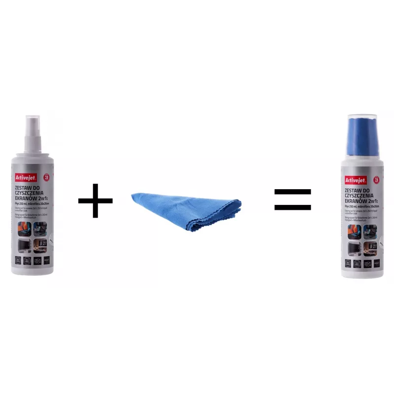 Paños y líquido de limpieza de equipos ActiveJet AOC-269, paño de microfibra 200x200 mm, spray 250 ml, 2 uds.