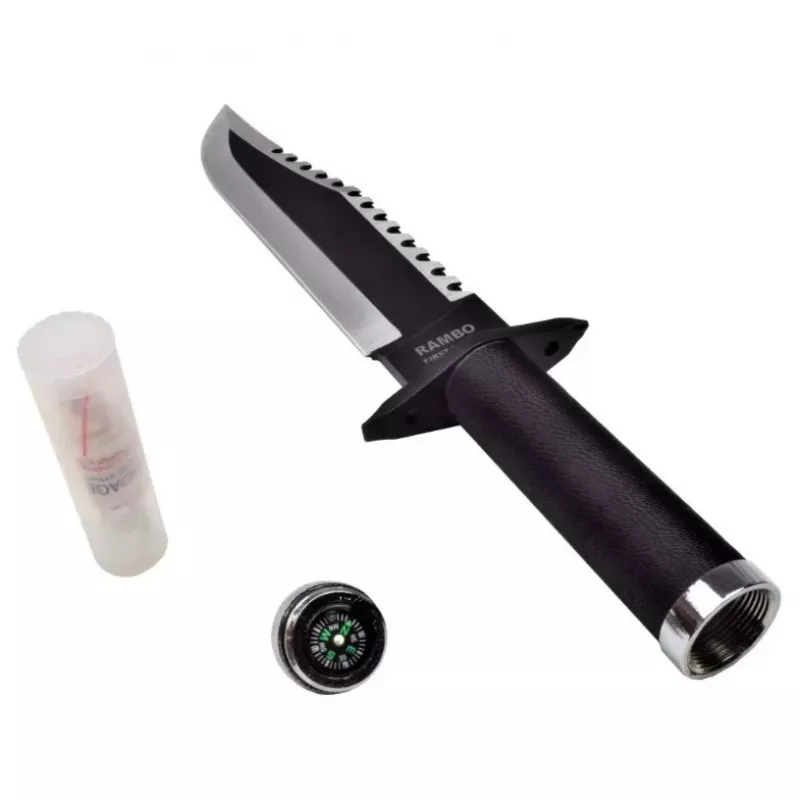Cuchillo de supervivencia fijo Cinema Classic CC-H2 — 400 mm de longitud total, hoja de acero 250 mm, lisa y dentada, empuñadura negra, incluye funda de cuero