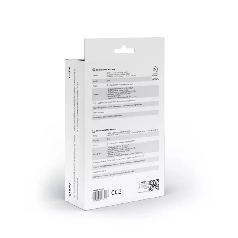 CABLE SAVIO DISPLAYPORT (M) - DISPLAYPORT (M), V1.4, 3 m, CL-176