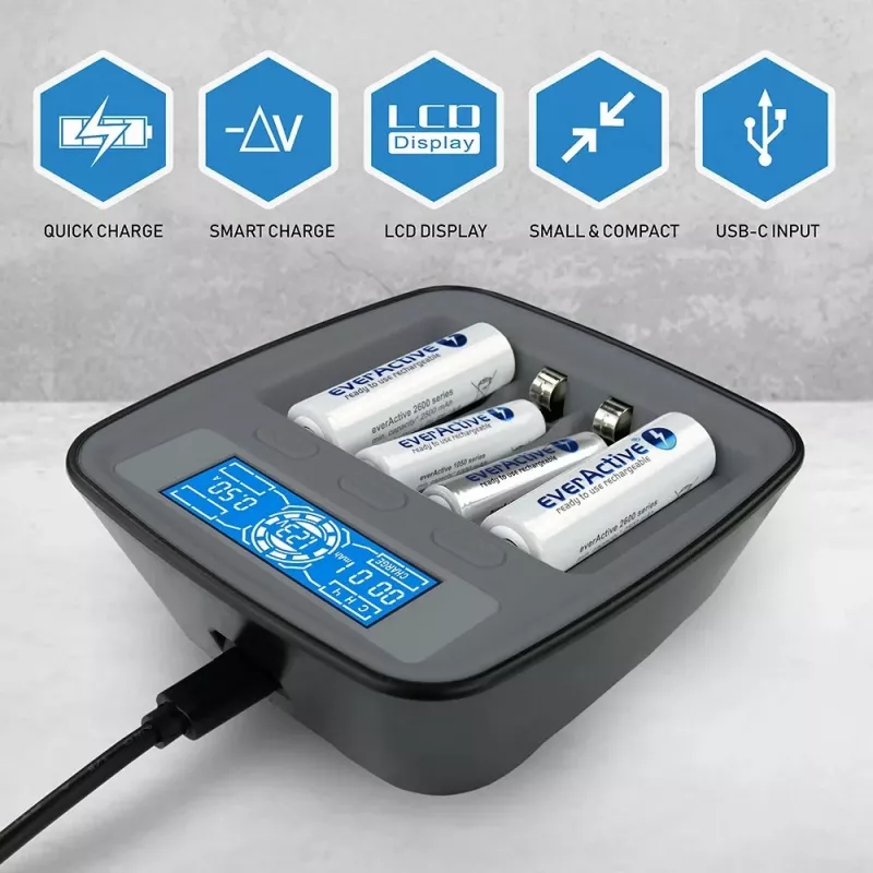 everActive NC-1000M V2 cargador de pilas, Ni-MH, 4 ranuras AA/AAA, USB-C, negro