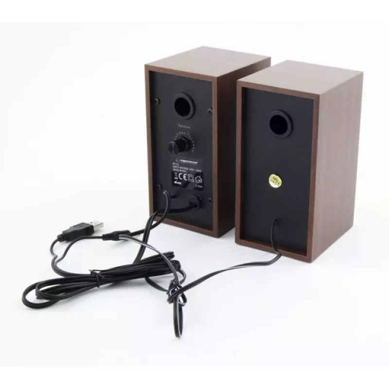 Altavoces ESPERANZA EP122 2.0 de sobremesa con cable, 2×6 W RMS, carcasa de madera, control de volumen giratorio, 60–20000 Hz