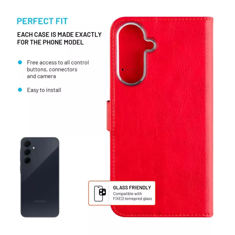 Funda de piel tipo libro FIXED para Samsung Galaxy A36 5G – rojo, protección frontal y trasera, aberturas precisas