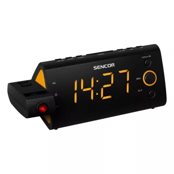 Radio reloj SENCOR SRC 330 OR — radio reloj FM con pantalla LED de 1,2 pulgadas, doble alarma, proyección roja 180°, temperatura interior, respaldo de batería