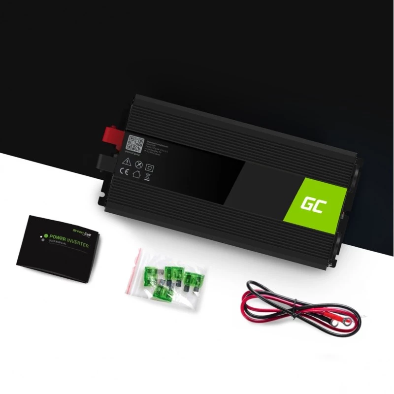 Adaptador de corriente inversor Green Cell INV25, 1500 W, 12 V DC a 230 V AC, 50 Hz, 1× USB, negro