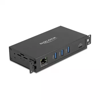 Hub USB DELOCK 3 puertos 5 Gbit/s con RJ45 Gigabit PoE++ y host USB Type-C, carcasa de metal, aislamiento de 1,5 kV, negro