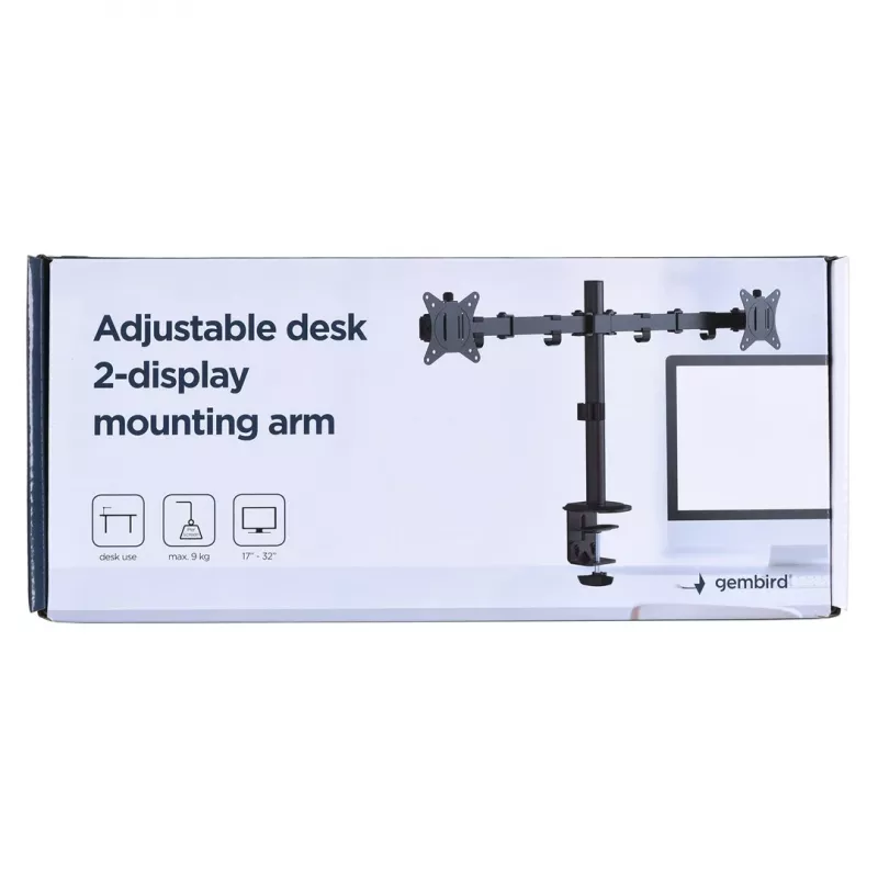 Soporte para monitor Gembird MA-D2-01 para 2 pantallas de hasta 32 pulgadas, VESA 75x75–100x100, pinza, 9 kg, negro