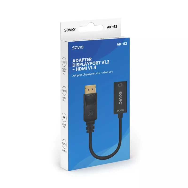 Adaptador Savio DisplayPort (M) v1.2 - HDMI A (F) v1.4, 4K, AK-62