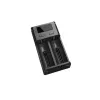 Cargador de baterías Nitecore NEW i2 — cargador de 2 canales para LiFePO4, Li-Ion, NiMH; entrada 100–240V; salida 9–12V; compatible con AAAA/C/D/AAA/AA; negro