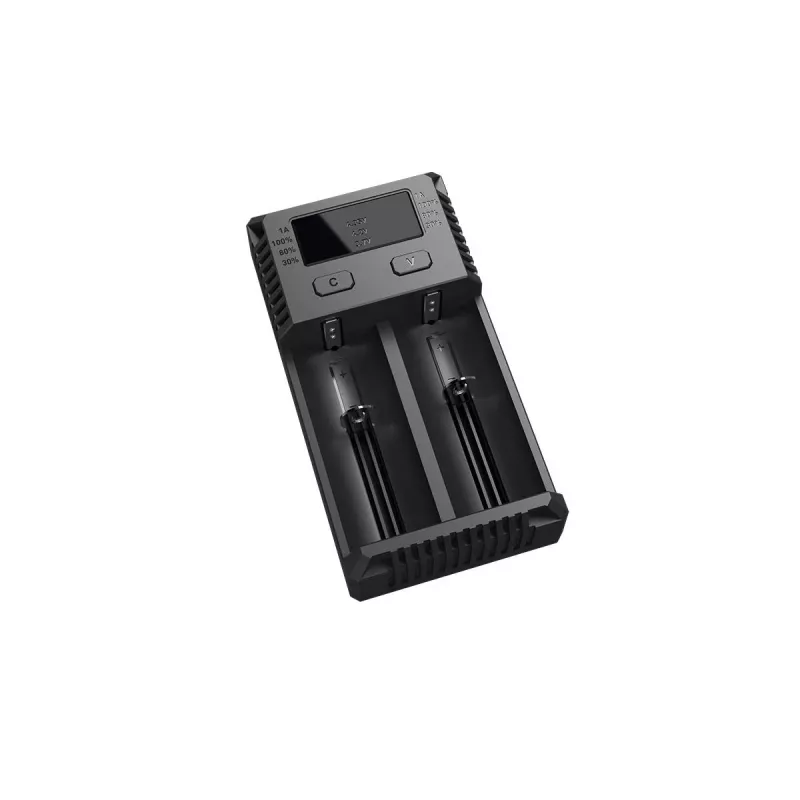 Cargador de baterías Nitecore NEW i2 — cargador de 2 canales para LiFePO4, Li-Ion, NiMH; entrada 100–240V; salida 9–12V; compatible con AAAA/C/D/AAA/AA; negro